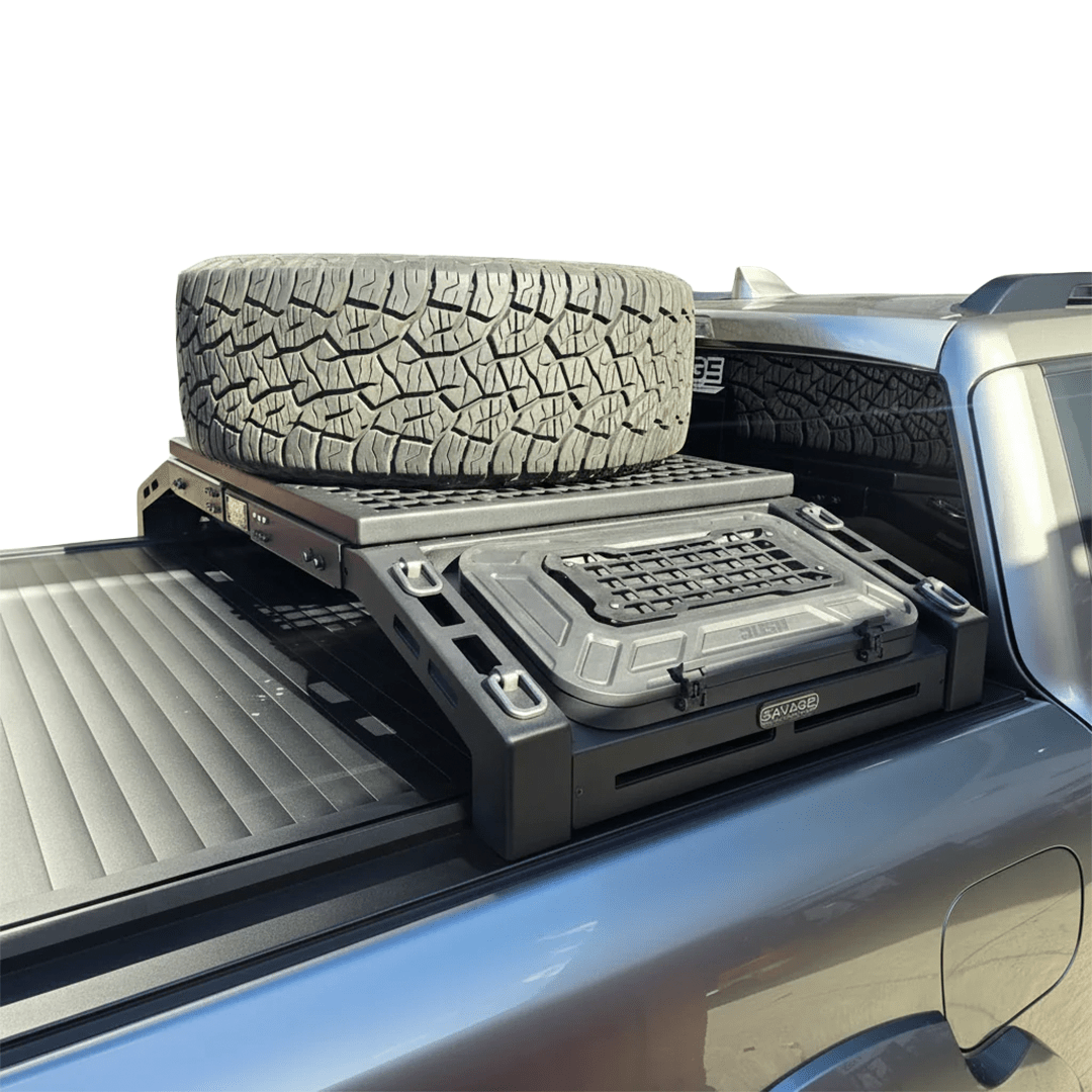 SAVAGE ROGUE TYRE/WHEEL CARRIER RACK WITH STORAGE PLATFORM - Savage Tech Australia