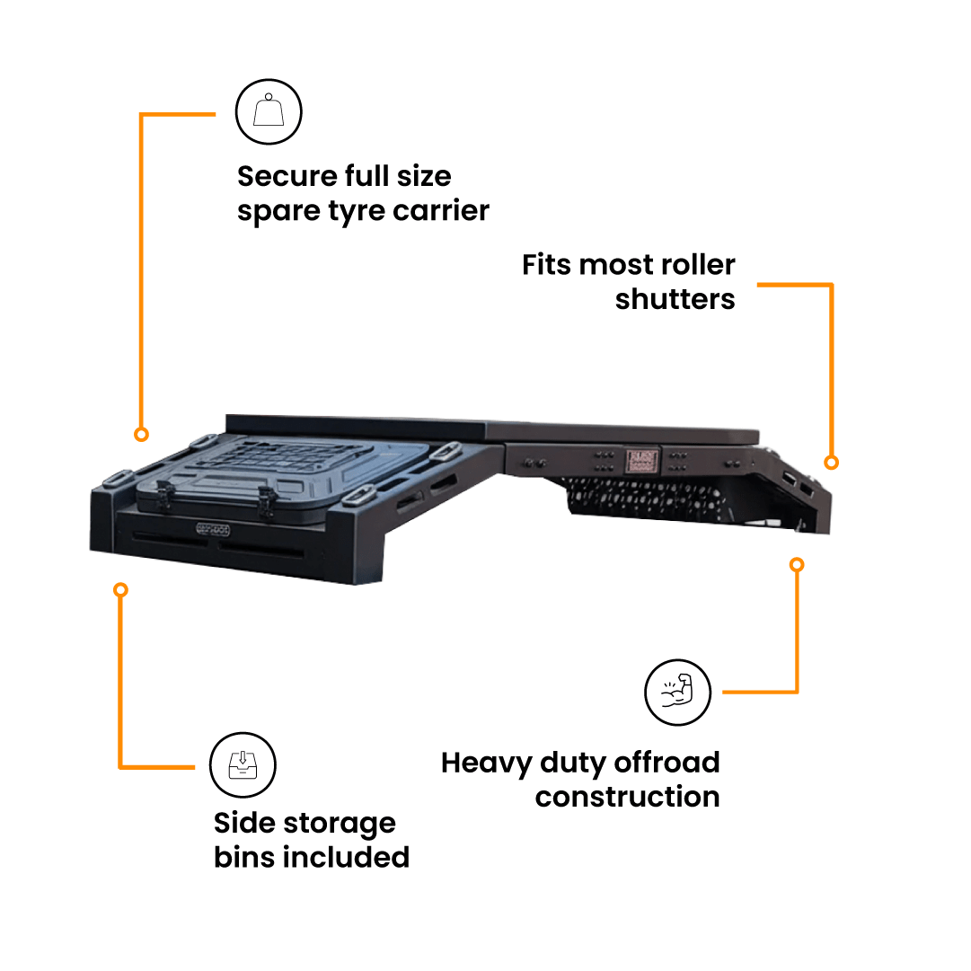SAVAGE ROGUE TYRE/WHEEL CARRIER RACK WITH STORAGE PLATFORM - Savage Tech Australia