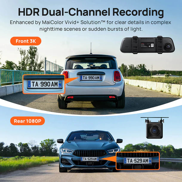 70mai S500 Mirror Dash Cam – 3K Front + 1080p Rear HDR with 9.35″ Touchscreen (Dual Channel)