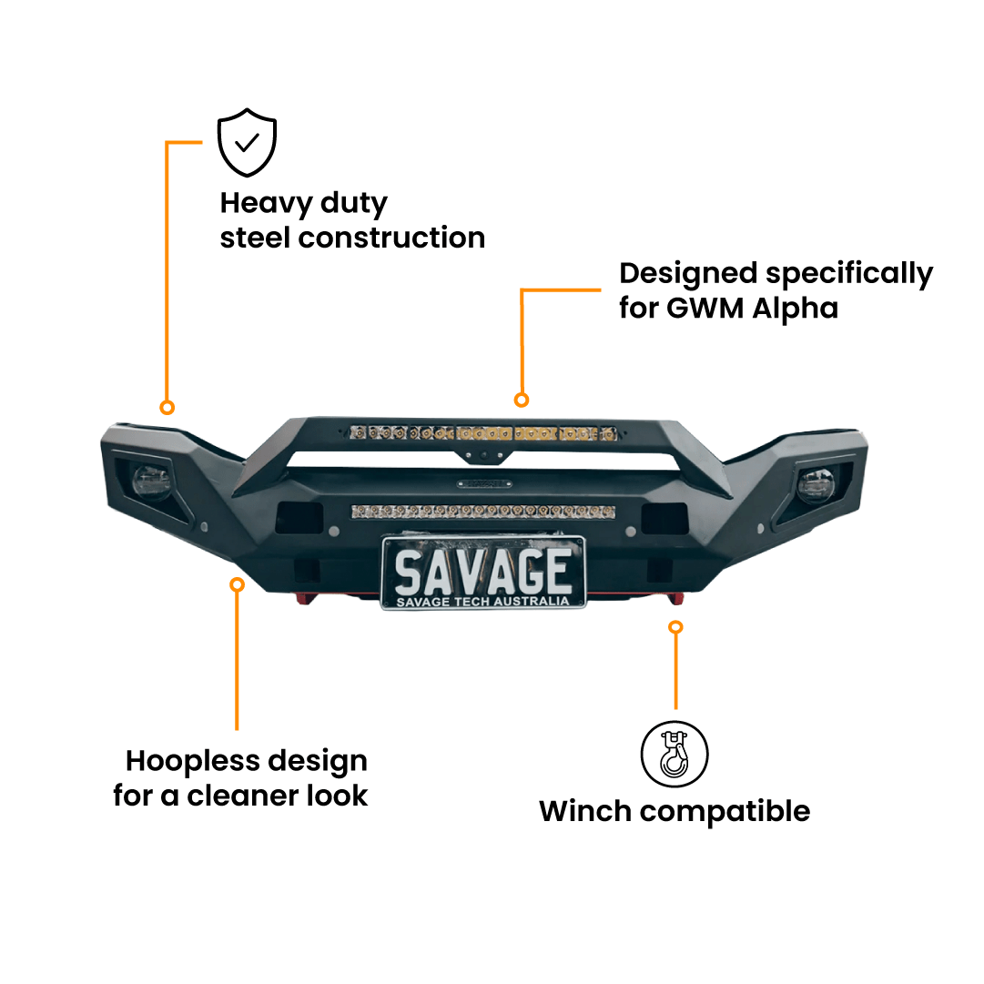 GWM ALPHA RAMPAGE HOOPLESS BULL BAR - Savage Tech Australia