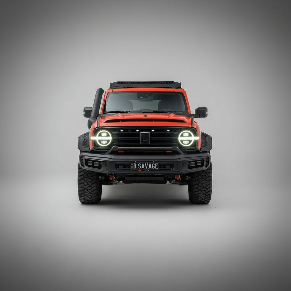 Red and black off-road vehicle with 'B Savage' license plate in front of a building with 'Savage' branding.