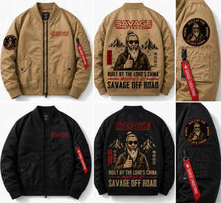 Savage Offroad bomber flight jacket in Tactical Black showing the back graphic