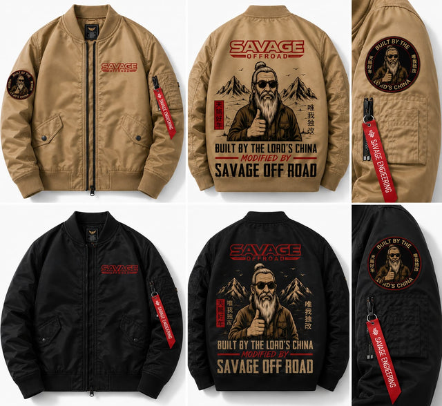 Savage Offroad bomber flight jacket in Tactical Black showing the back graphic